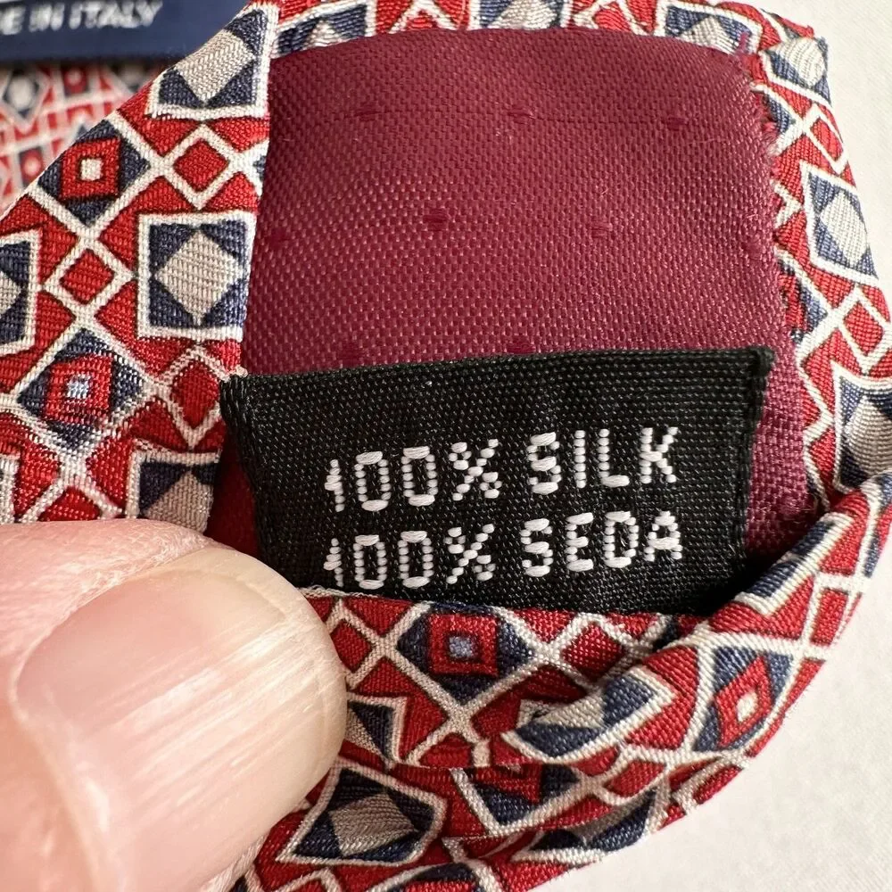 Stafford Italian Silk Tie Red Blue Geometric Pattern Classic 3.5